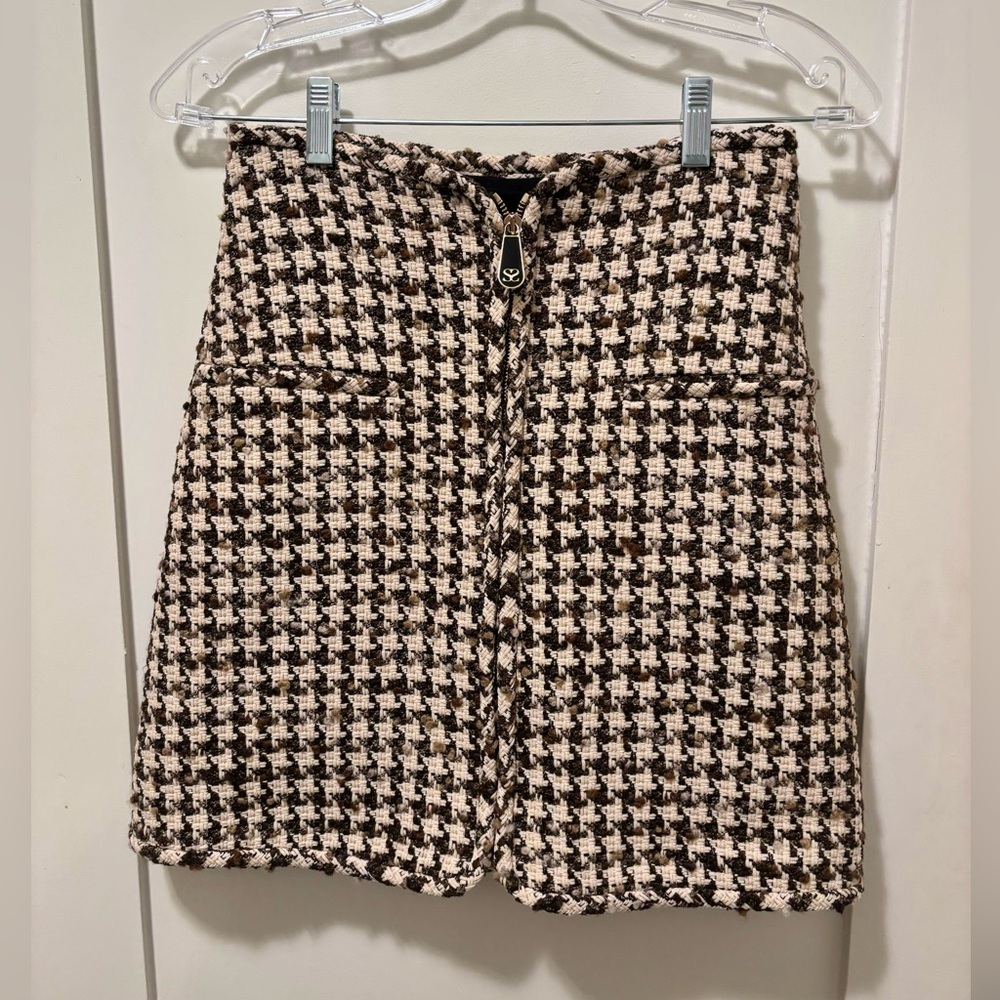 Sandro Beige and Brown Houndstooth Mini Skirt